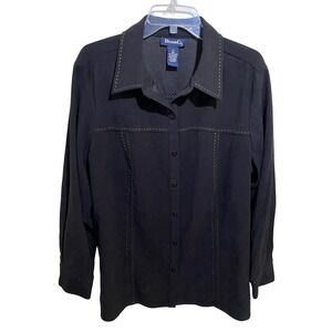 Denim & Co Womens 1X Black Button Down Blouse Contrast Stitching Long Sleeve Top